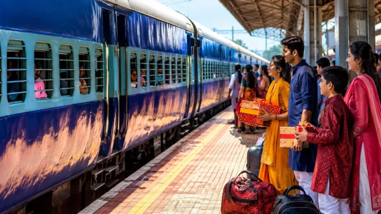 Durg Raigarh Rakshabandhan Special passenger train arriving at Indian railway platform with passengers
