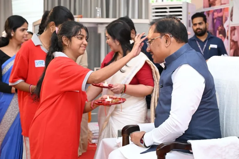 Women from Chhattisgarh tying a Rakhi to Chief Minister Vishnu Deo Sai on the occasion of Raksha Bandhan.