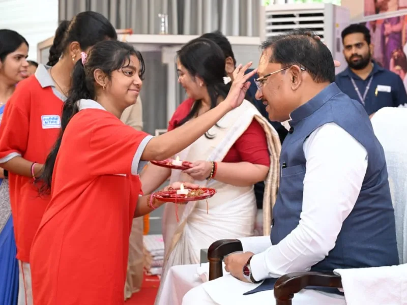 Women from Chhattisgarh tying a Rakhi to Chief Minister Vishnu Deo Sai on the occasion of Raksha Bandhan.