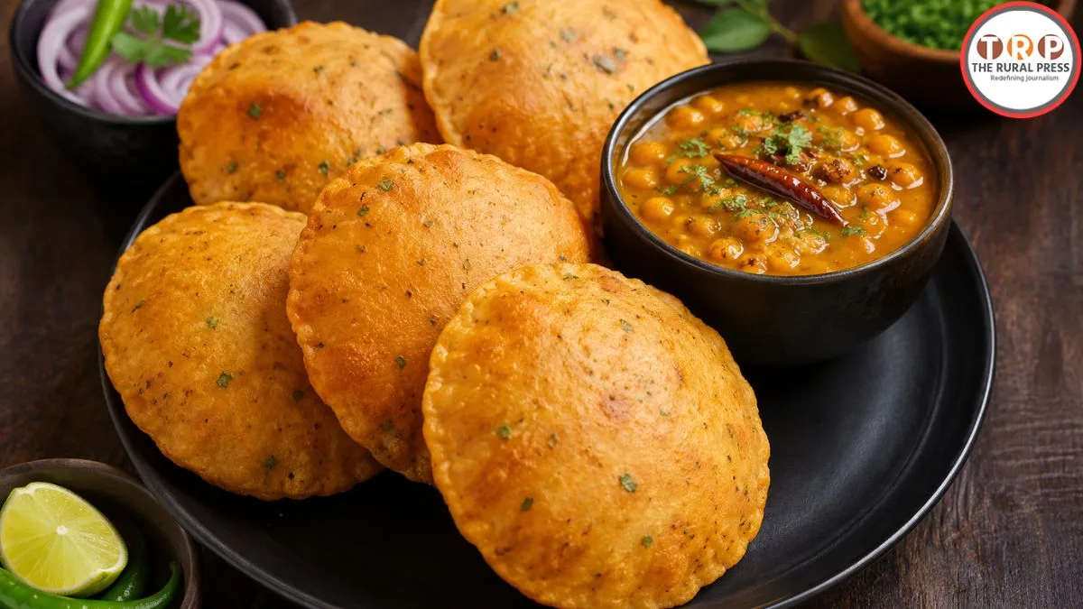 A plate of hot and crispy chana dal masala puri served with green chutney
