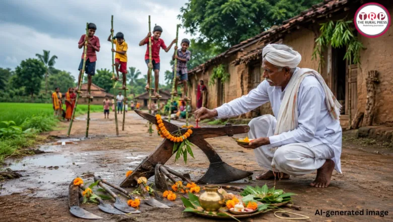 Farmers worshiping plough and tools and children riding bamboo Gedi on Hareli Tihar in Chhattisgarh