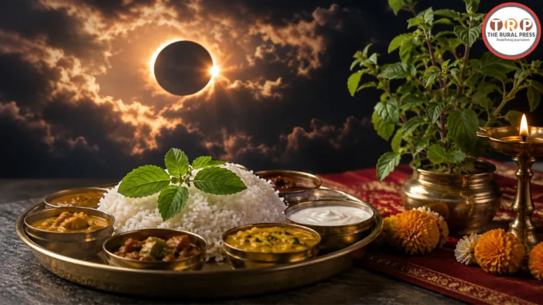 Tulsi leaves placed on food during a Hindu eclipse ritual