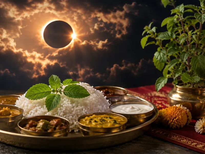 Tulsi leaves placed on food during a Hindu eclipse ritual
