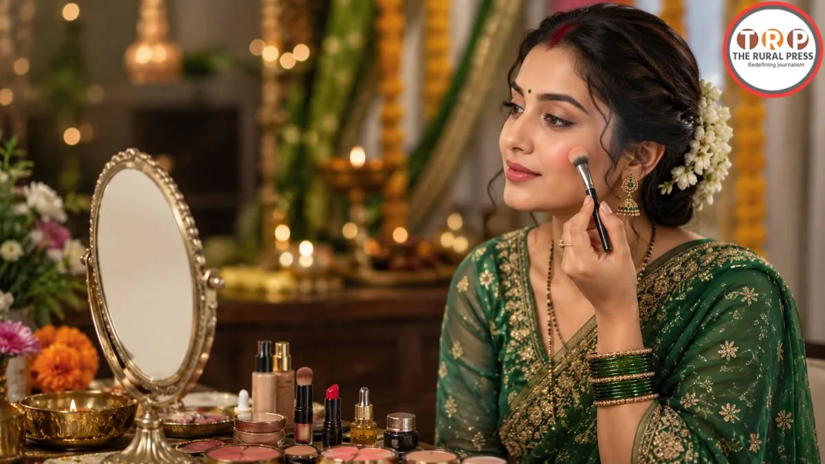 Woman applying natural festive makeup for Hariyali Teej 2026 with traditional green outfit and bridal accessories.
