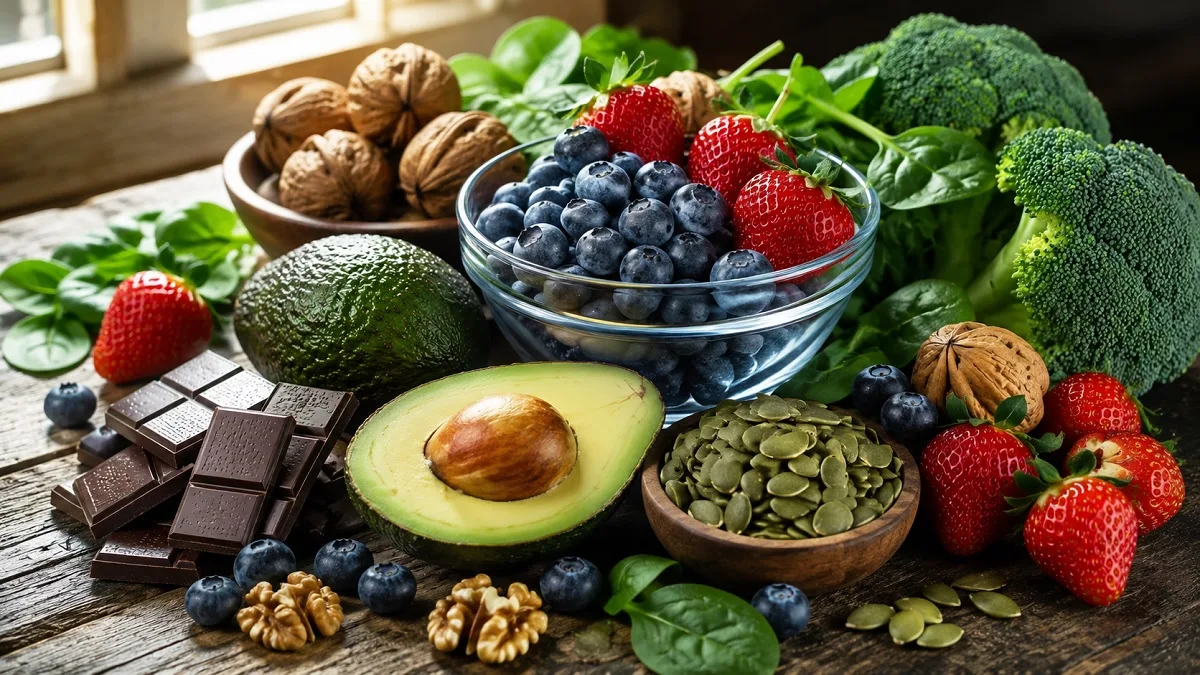 Healthy Brain Foods Assortment Nuts Berries Spinach Fish Pumpkin Seeds
