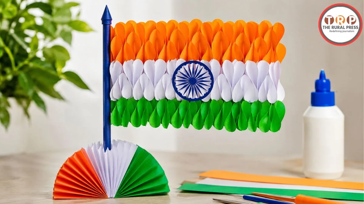 Parent and child making a paper tricolor flag for 15 August school project at home
