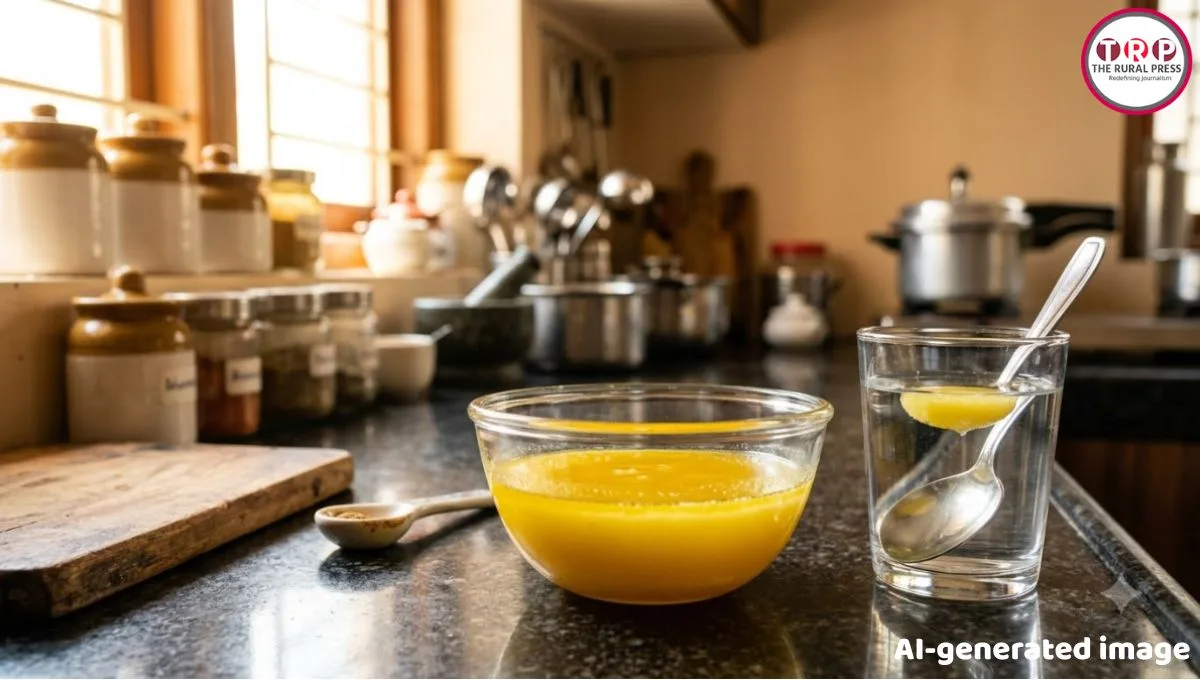 Testing purity of Desi Ghee at home with glass of water and ghee sample
