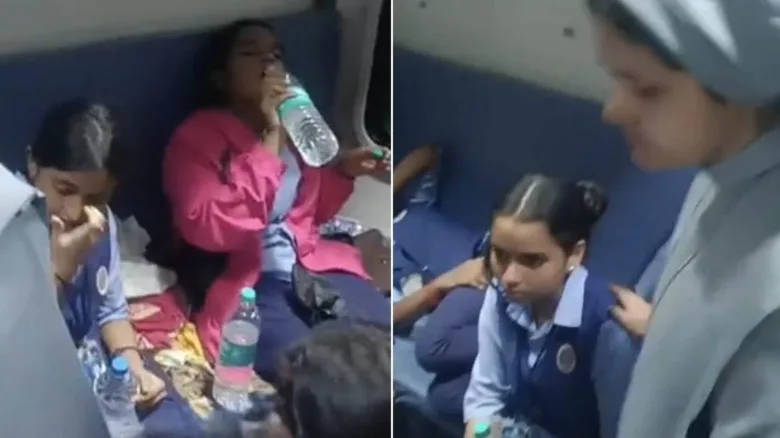School children receiving medical treatment at Khandwa railway station after falling sick on Mangala Express