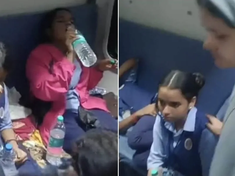 School children receiving medical treatment at Khandwa railway station after falling sick on Mangala Express