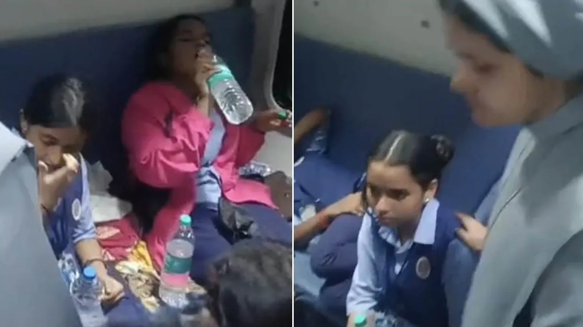 School children receiving medical treatment at Khandwa railway station after falling sick on Mangala Express
