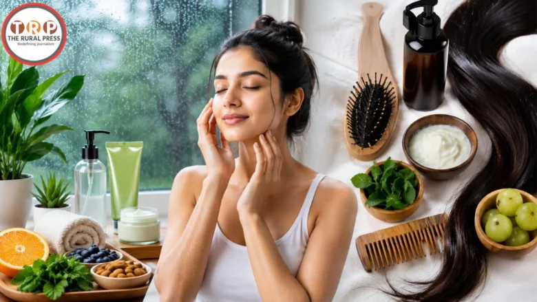 A woman taking care of her skin and hair during the monsoon season.