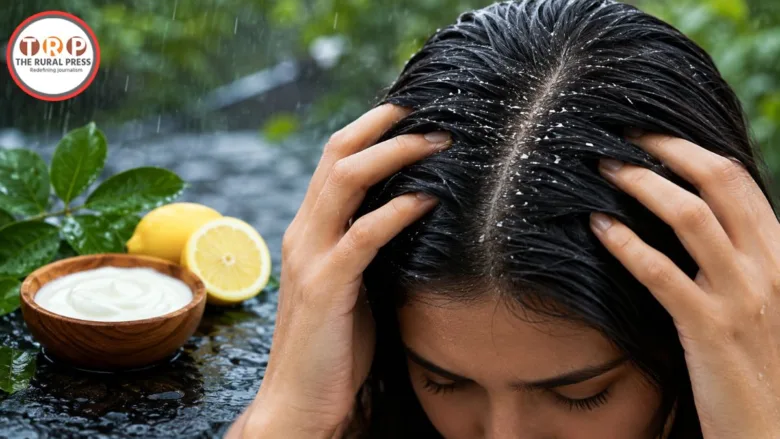 Person washing their hair for scalp care and dandruff relief during the monsoon season.