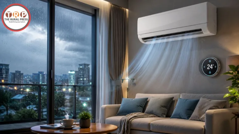 Air conditioner running in a modern bedroom during monsoon with comfortable indoor temperature