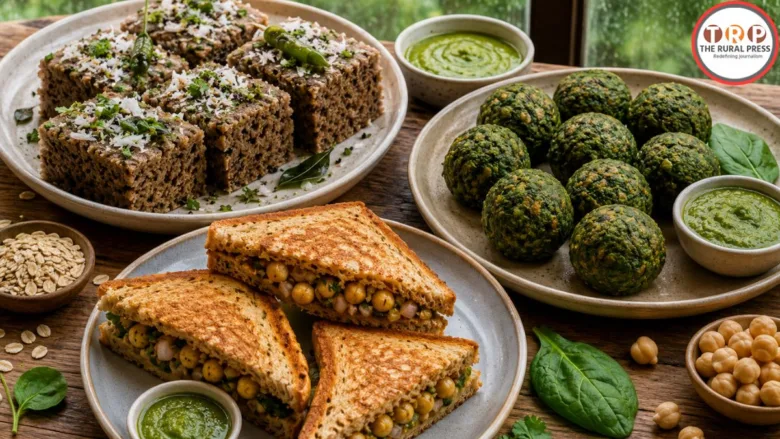 Ragi Oats Dhokla, Spinach Steam Balls and Chickpea Sandwich in Monsoon Healthy Recipes.