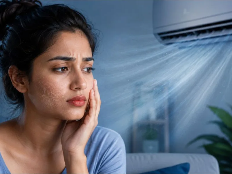 Woman applying moisturizer to protect skin from AC dryness
