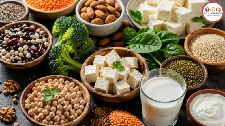 A bowl of fresh paneer, lentils, and protein-rich vegetarian food items arranged neatly on a wooden table