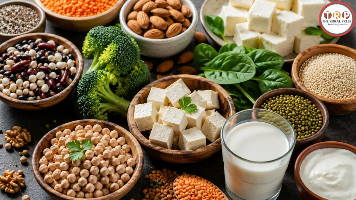 A bowl of fresh paneer, lentils, and protein-rich vegetarian food items arranged neatly on a wooden table