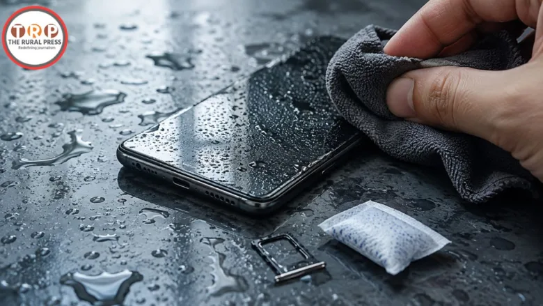 Wet smartphone after heavy rain being dried with a microfiber cloth