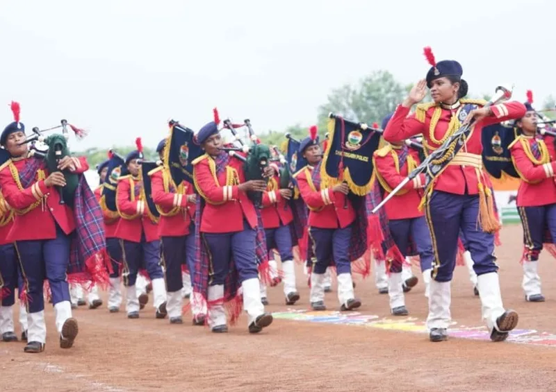 Horse show, women bagpiper band and police dog squad performing at Independence Day ceremony in Raipur
