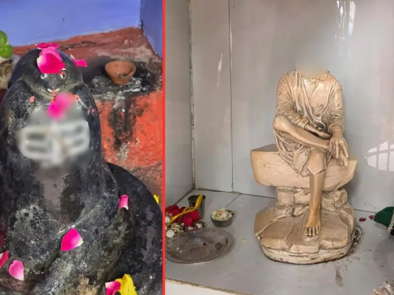 Damaged idols at a temple in Gudhiyari, Raipur, Chhattisgarh, under police investigation
