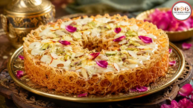 Rajasthani malai ghevar garnished with rabri, pistachios, almonds, and saffron.