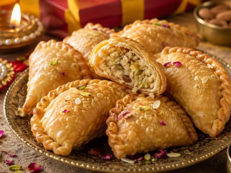 Raksha Bandhan special khasta mawa gujiya served on a plate with dry fruits