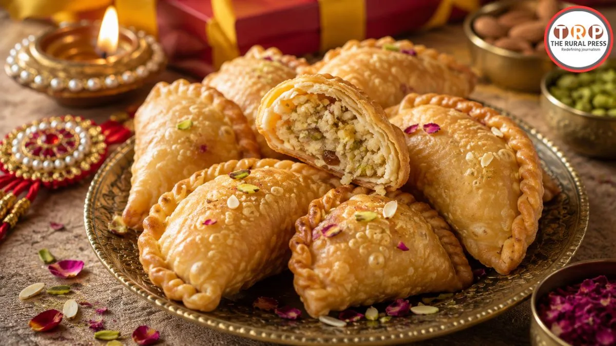 Raksha Bandhan special khasta mawa gujiya served on a plate with dry fruits