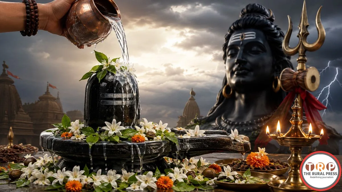 Devotees offering holy water on a Shivling during Sawan Shivratri 2026.