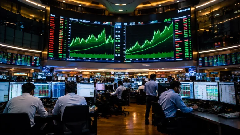 The Bombay Stock Exchange (BSE) building and rising stock market graphs on digital screens.