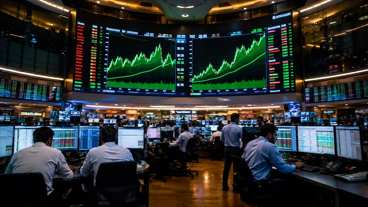 The Bombay Stock Exchange (BSE) building and rising stock market graphs on digital screens.