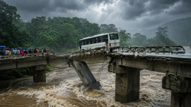 A symbolic view of the monsoon season, featuring a collapsed bridge amidst heavy rain and dark, cloud-filled skies.