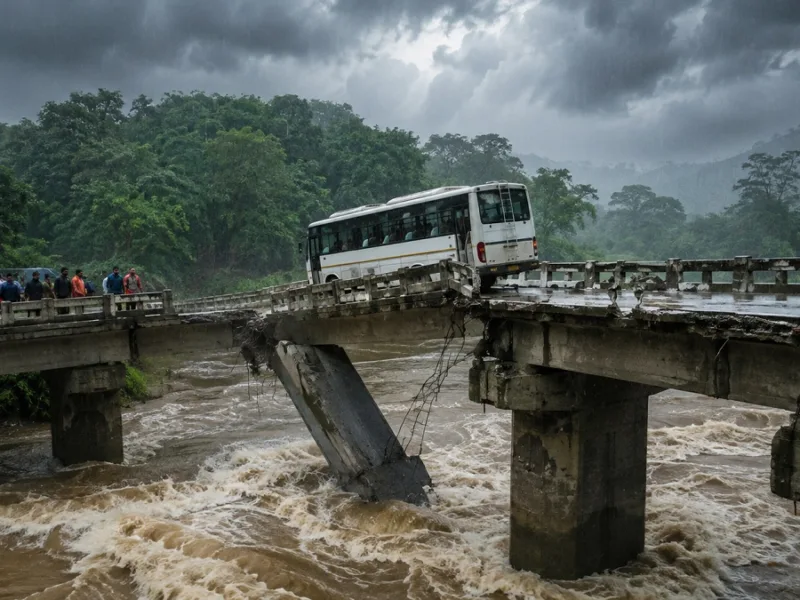 A symbolic view of the monsoon season, featuring a collapsed bridge amidst heavy rain and dark, cloud-filled skies.