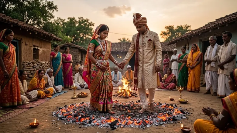 रायगढ़ के बिलासपुर गांव में दूल्हा दुल्हन जलते अंगारों पर सात फेरे लेते हुए