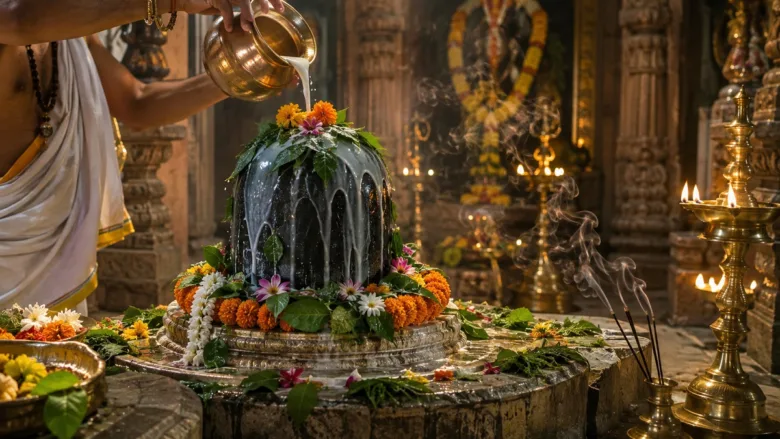 छत्तीसगढ़ के शिव मंदिर में सावन सोमवार के दिन जल और बेलपत्र अर्पित करते हुए श्रद्धालु