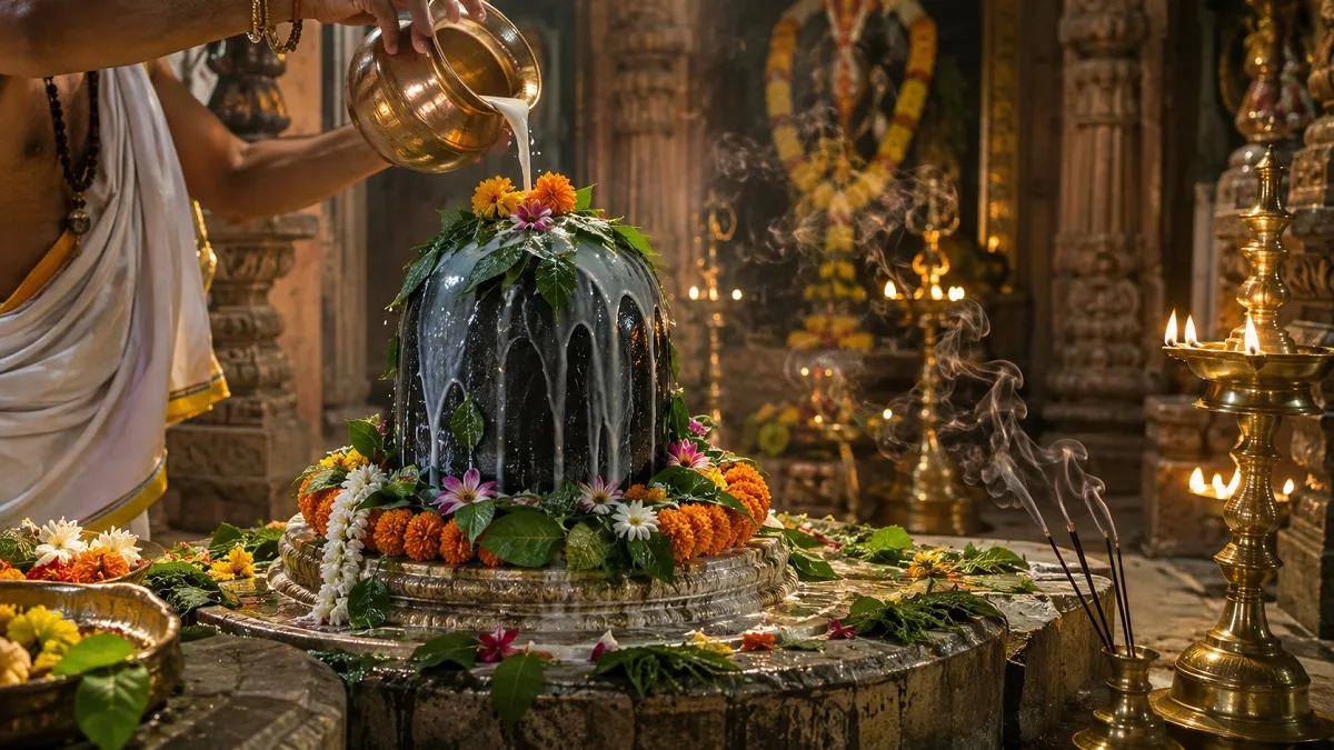 छत्तीसगढ़ के शिव मंदिर में सावन सोमवार के दिन जल और बेलपत्र अर्पित करते हुए श्रद्धालु