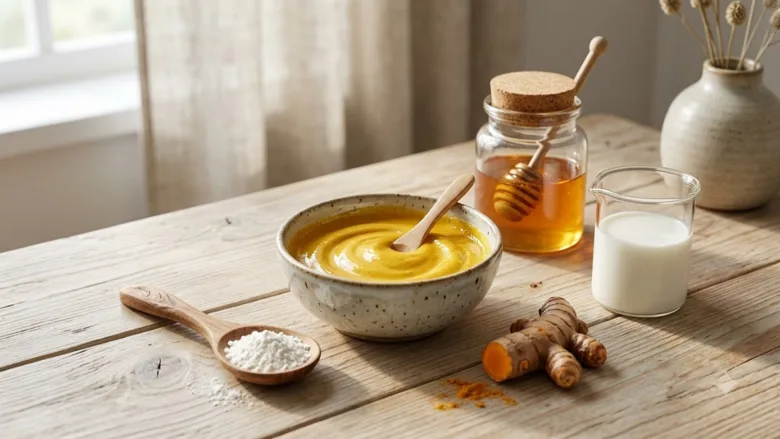 A view of a paste made from rice flour, turmeric, honey, and milk, along with natural skincare ingredients, in a bowl.