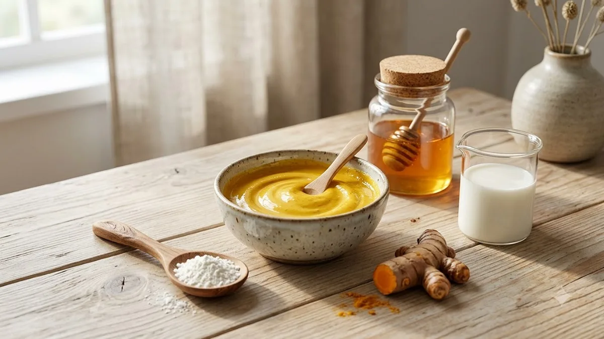 A view of a paste made from rice flour, turmeric, honey, and milk, along with natural skincare ingredients, in a bowl.