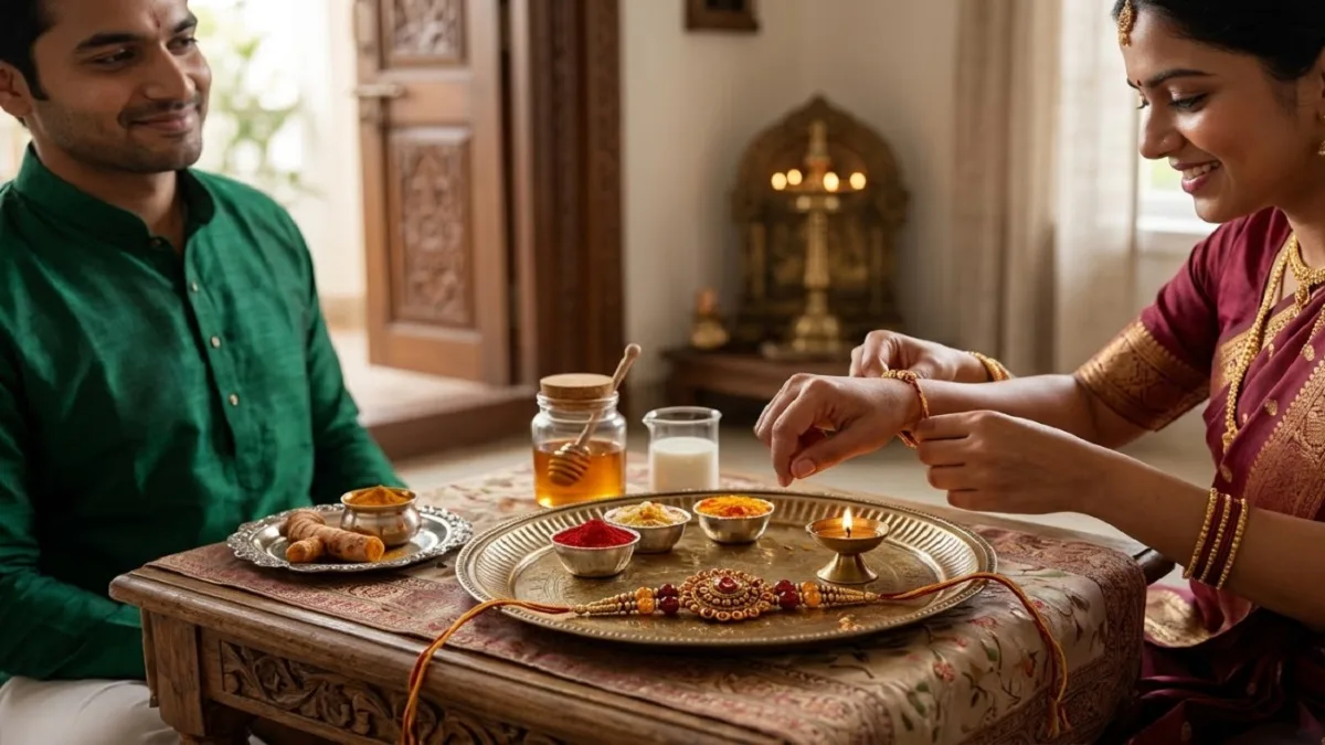 On Raksha Bandhan, a sister ties a protective thread around her brother's wrist. Many religious stories and folk tales are associated with this festival.