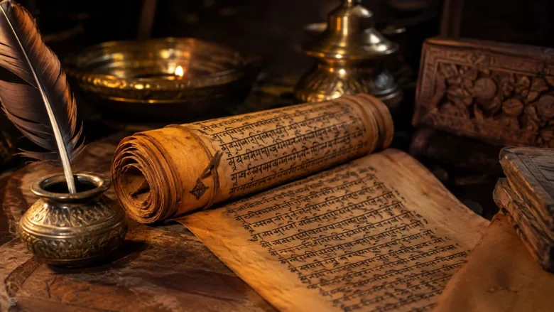 एक शांत और विचारशील माहौल में रखी प्राचीन चाणक्य नीति की पुस्तक और दार्शनिक प्रतीक