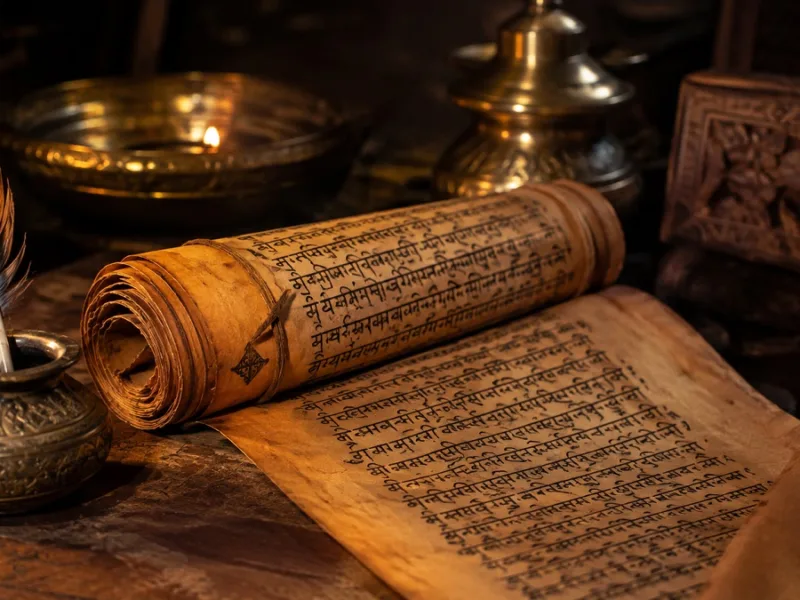 एक शांत और विचारशील माहौल में रखी प्राचीन चाणक्य नीति की पुस्तक और दार्शनिक प्रतीक