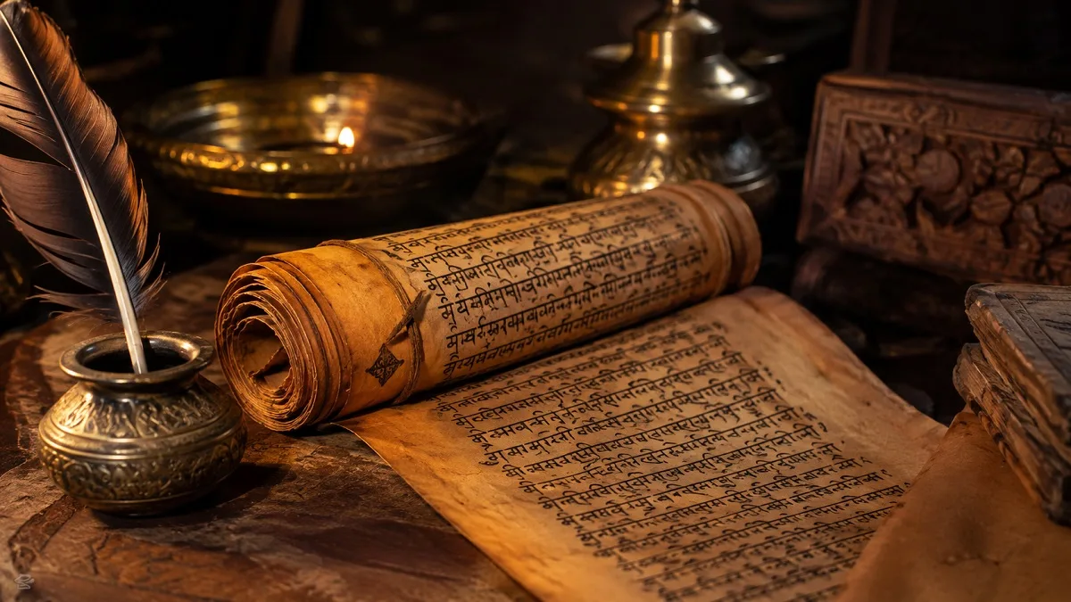 एक शांत और विचारशील माहौल में रखी प्राचीन चाणक्य नीति की पुस्तक और दार्शनिक प्रतीक
