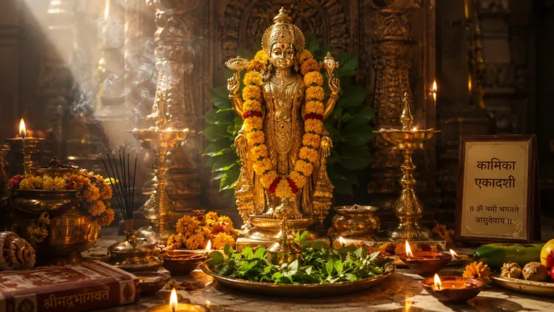 Idol of Lord Vishnu decorated with yellow flowers and lamps for Kamika Ekadashi 2026 puja
