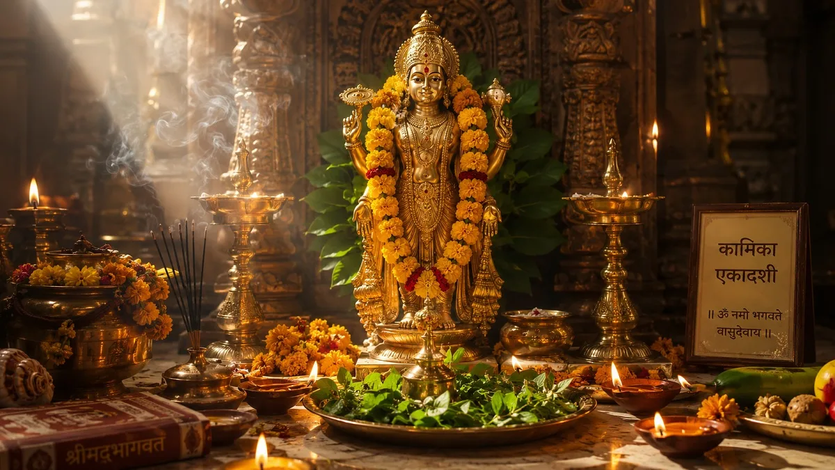 Idol of Lord Vishnu decorated with yellow flowers and lamps for Kamika Ekadashi 2026 puja