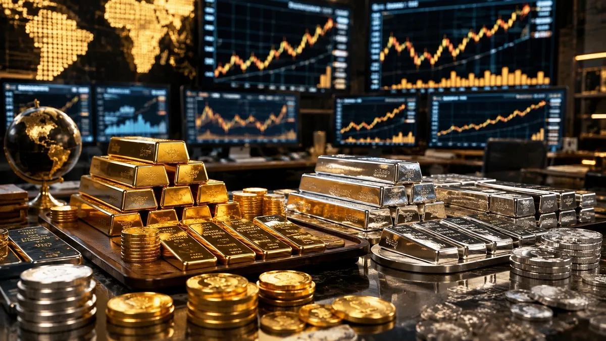 Shiny gold bars and silver coins displayed on a financial chart background showing price hike trends