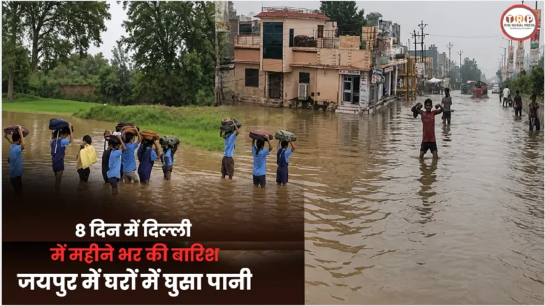 जयपुर में भारी बारिश के बाद सड़क पर भरा पानी और जलमग्न इलाका