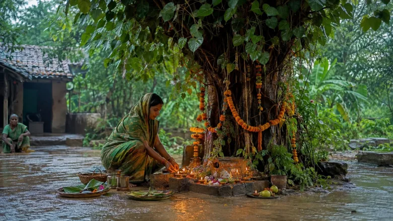 हरियाली अमावस्या पर पीपल के पेड़ के नीचे पूजा और दीपक जलाती महिला