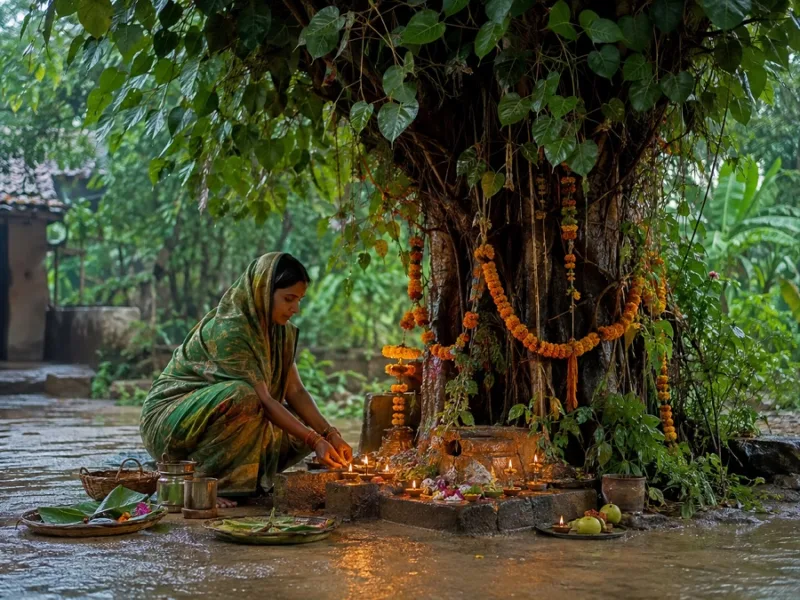 हरियाली अमावस्या पर पीपल के पेड़ के नीचे पूजा और दीपक जलाती महिला