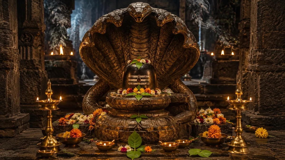 भारत के प्राचीन नाग मंदिर में शिवलिंग पर लिपटे नागदेवता की प्रतिमा और पूजा