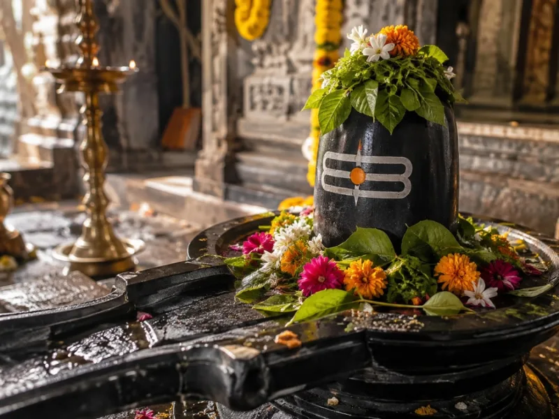 A beautiful view of the idol of Lord Shiva and the materials for the Shravan Monday puja.