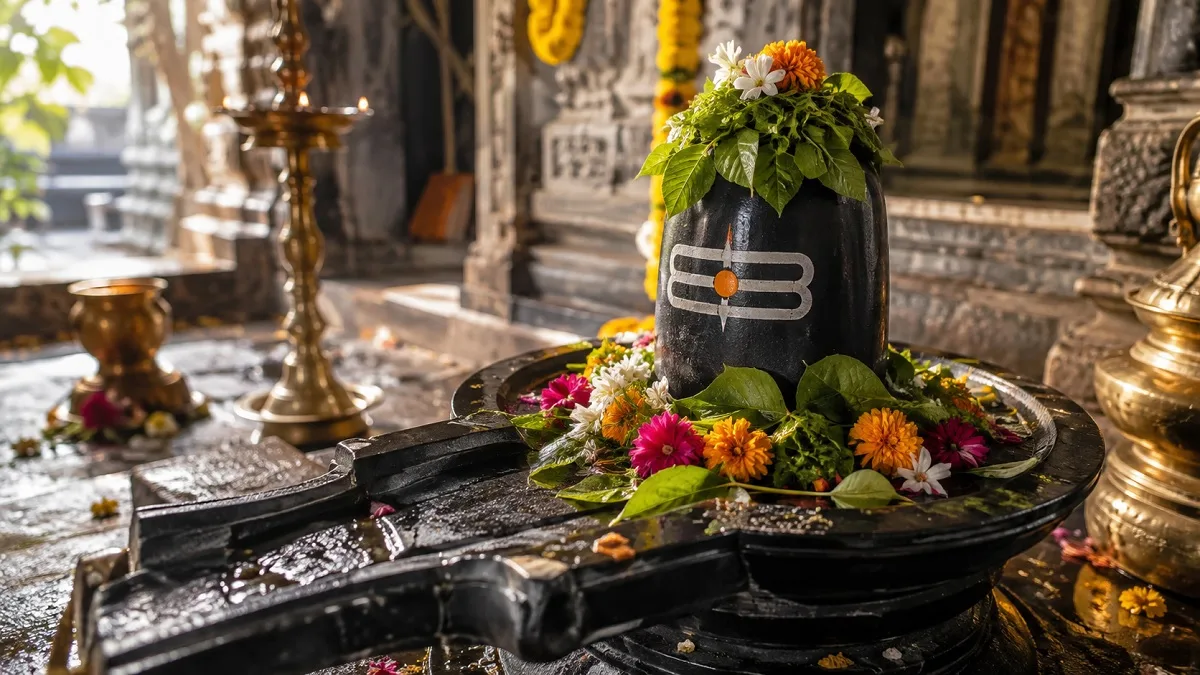 A beautiful view of the idol of Lord Shiva and the materials for the Shravan Monday puja.